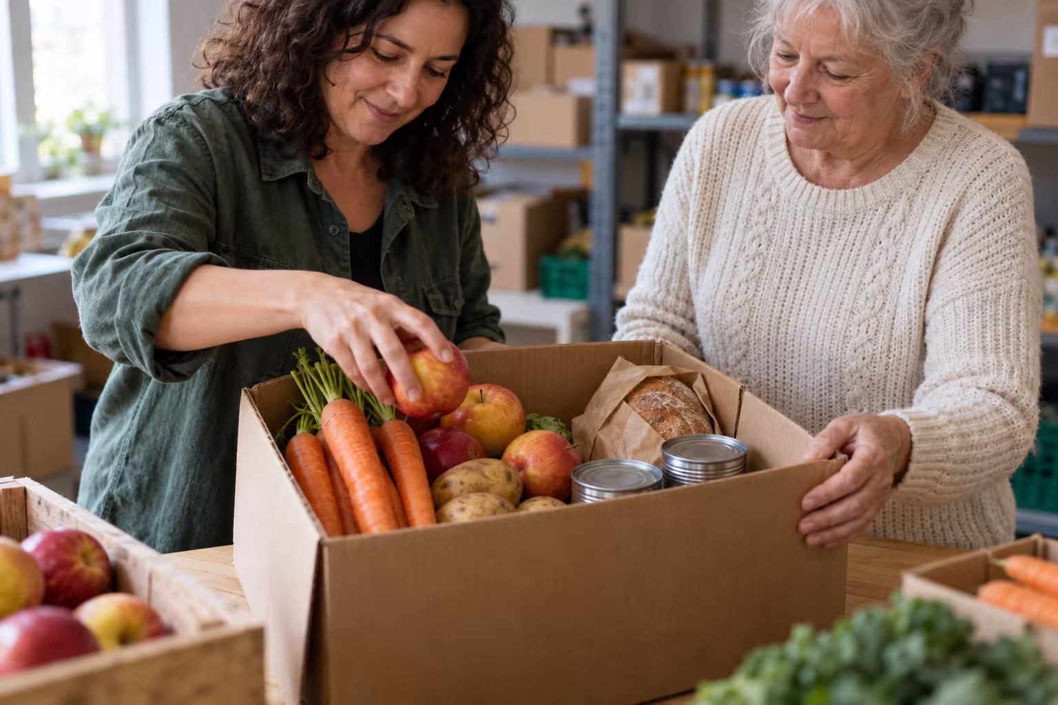 Volunteers packing a community food box